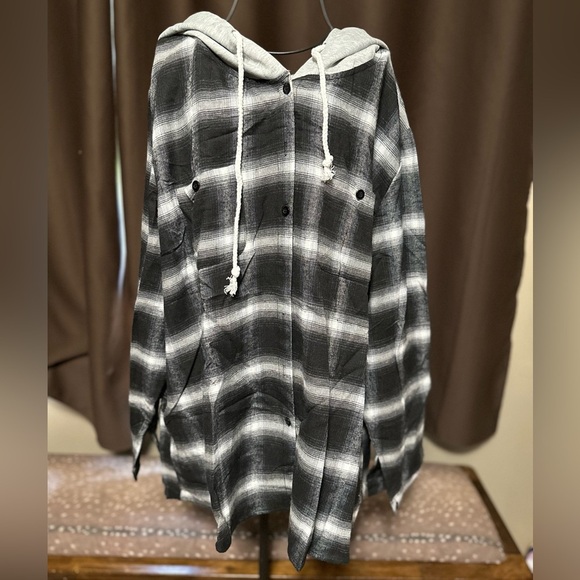 Womens Hooded Plaid Shirt Long Sleeve Button Down Jacket Shacket Loose Hoodie - Picture 3 of 5